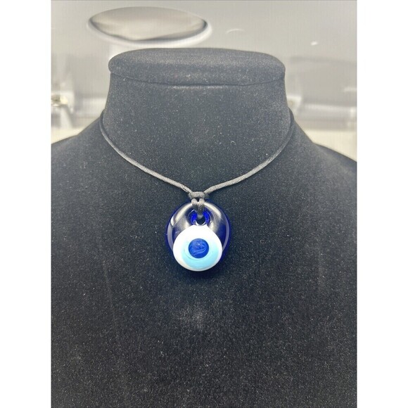 Vintage 90's/ 2000's Style Murano Glass Evil Eye Pendant On Black Cord Necklace - Picture 7 of 9